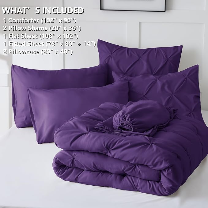 CozyLux King Size Comforter Set Purple, 7 Pieces Pintuck Bed in A Bag Purple - Image 7