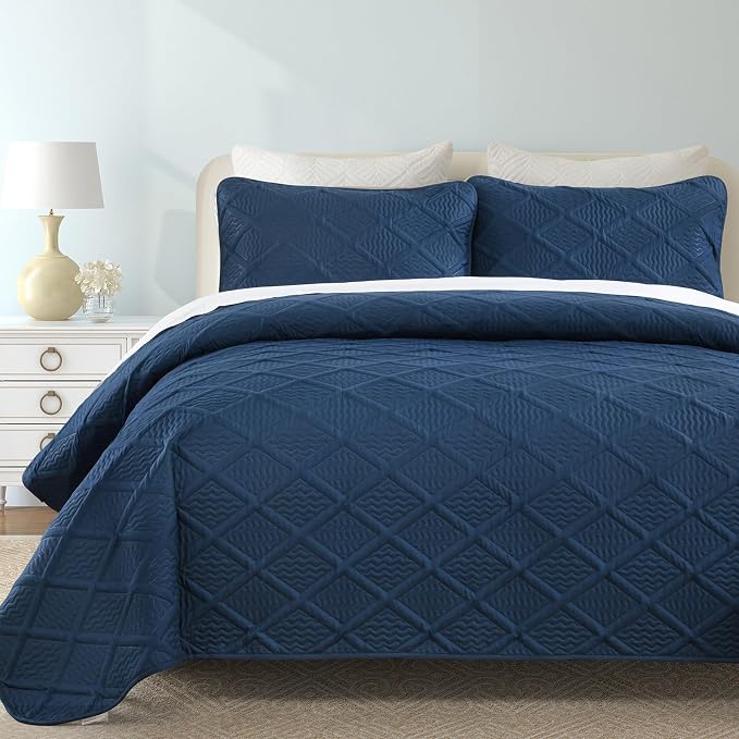 Yiran Navy Blue Quilt Set King Size Fall Bedspreads Embossed Diamond Pattern 3 by Yiran