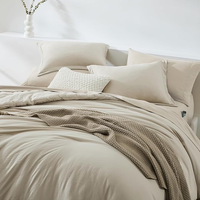 WRENSONGE Light Oatmeal Super King Plus Comforter Set, 7 Pieces Soft Microfiber - Image 3