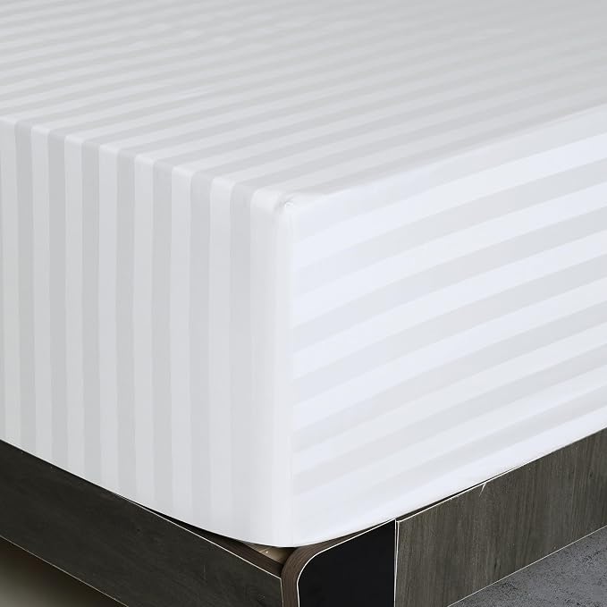 California King Size Striped Fitted Sheet Only White Color, 100% Egyptian - Image 6
