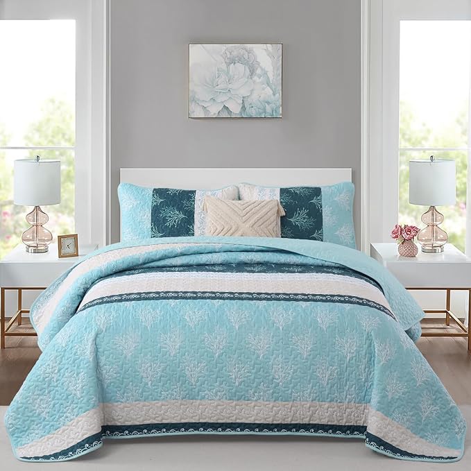 DJY Quilt Set Queen Size Light Blue Boho Striped Floral Bedspread Coverlet Set - Image 9