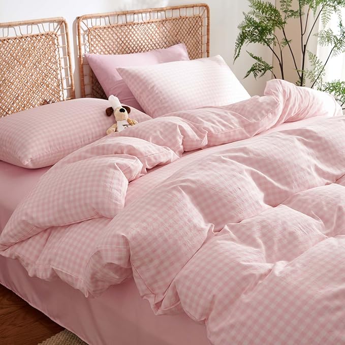 Nayoroom Gingham Duvet Cover Queen Size 100% Washed Cotton Pink Plaid Checkered by Nayoroom