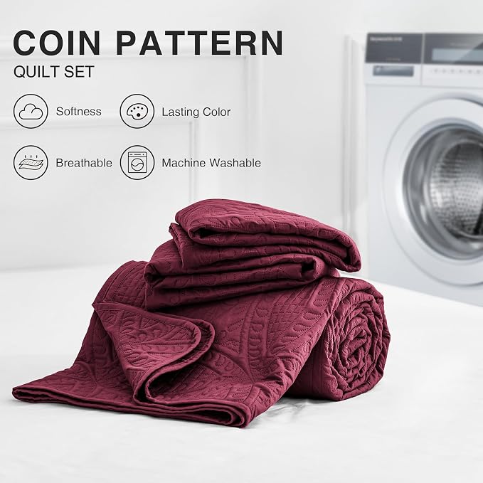Love's cabin King Size Quilt Bedding Set Burgundy Bedspreads - Image 7