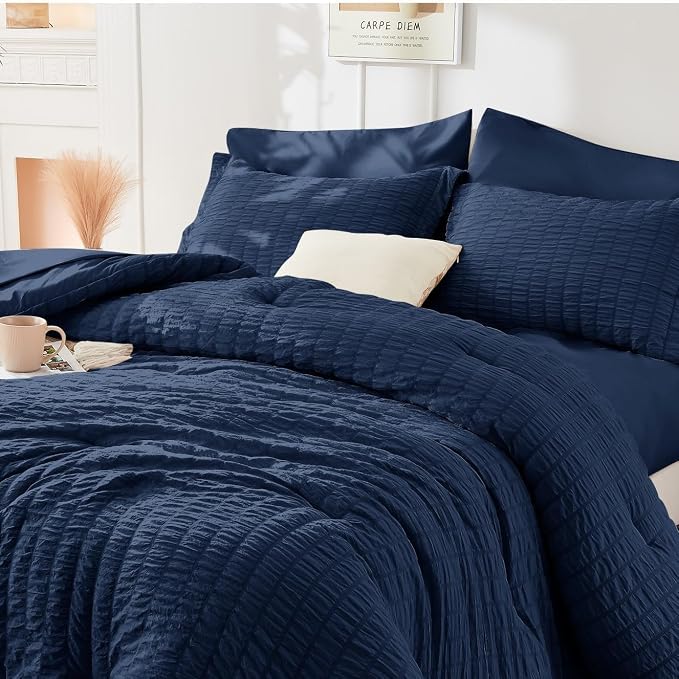 HYMOKEGE Navy Blue Duvet Cover Queen Size, Ultra Soft 3-Piece Seersucker Duvet - Image 6