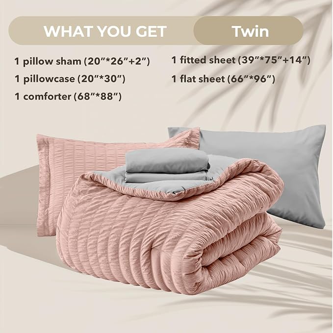 HYMOKEGE Rose Gold/Light Grey Twin Comforter Set Seersucker 5 Pieces, All - Image 6