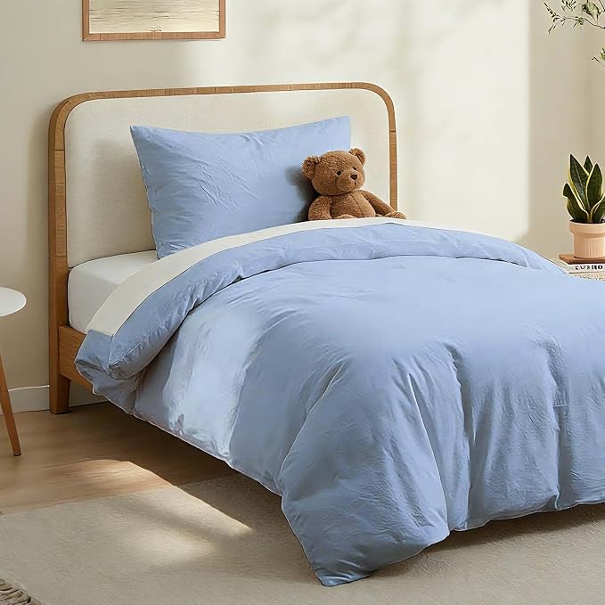 LOVQUE Light Blue Cotton Duvet Cover Twin Size, Linen Like Natural Bedding Set - Image 2