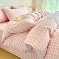 PinkMemory Pink Plaid Duvet Cover Set King 100% Washed Cotton Cute Pink Checked by PinkMemory