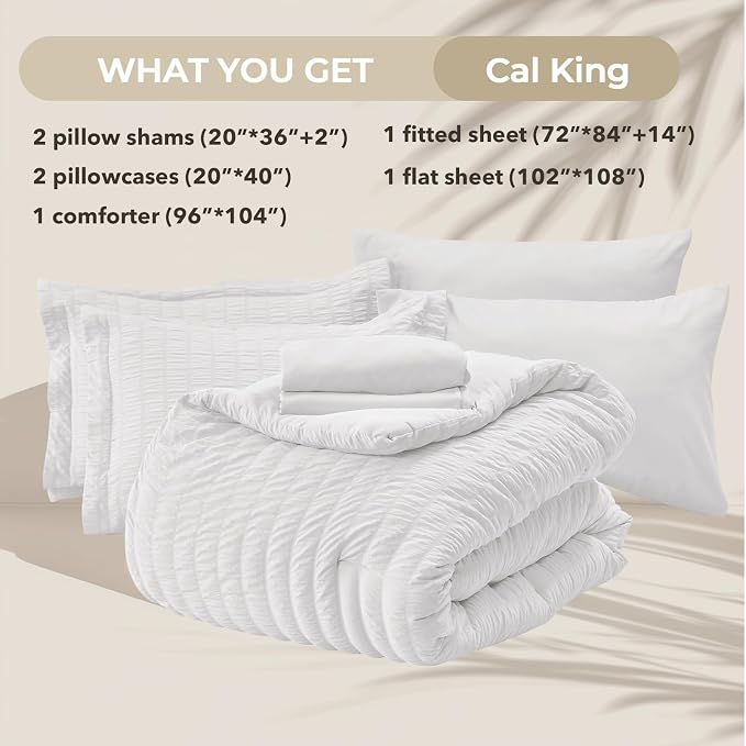 HYMOKEGE White California King Comforter Set Seersucker 7 Pieces, All Season - Image 5