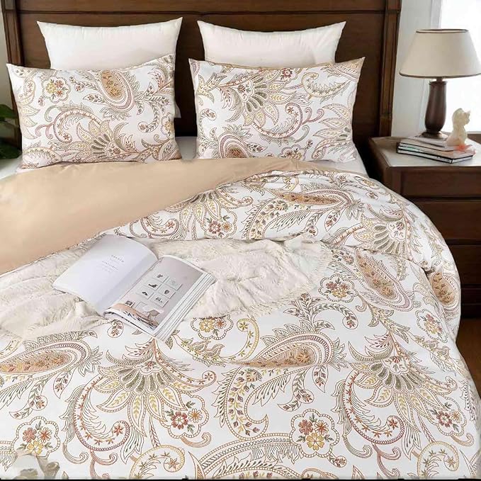 Nanko Paisley Comforter Set Queen Size 3 Pcs, Tan Taupe Classy Boho Damask - Image 4