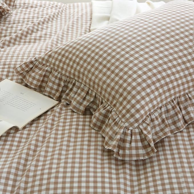 Silnuo Taupe/White Plaid Ruffle Duvet Cover Twin Size, 100% Washed Cotton 3 Pcs - Image 7