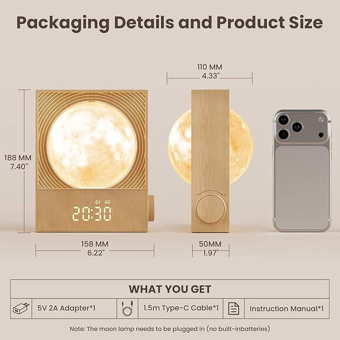 RETEYUNG Sunrise Alarm Clocks for Heavy Sleepers, Rotatable Moon Light - Image 3