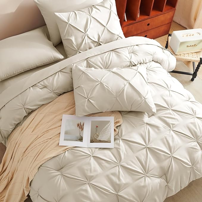 CozyLux Oversized King Comforter Sets Beige, 7 Pieces Oversized King Pintuck - Image 4