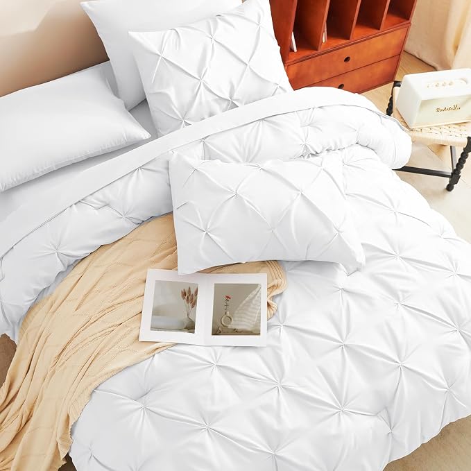 HIMEET Pintuck Bed in a Bag, 7 Pieces Oversized King Comforter Set White - Image 4