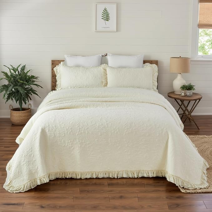 Brandream Cream Yellow White Quilt Set Queen Size Cotton Matelasse Bedding - Image 7
