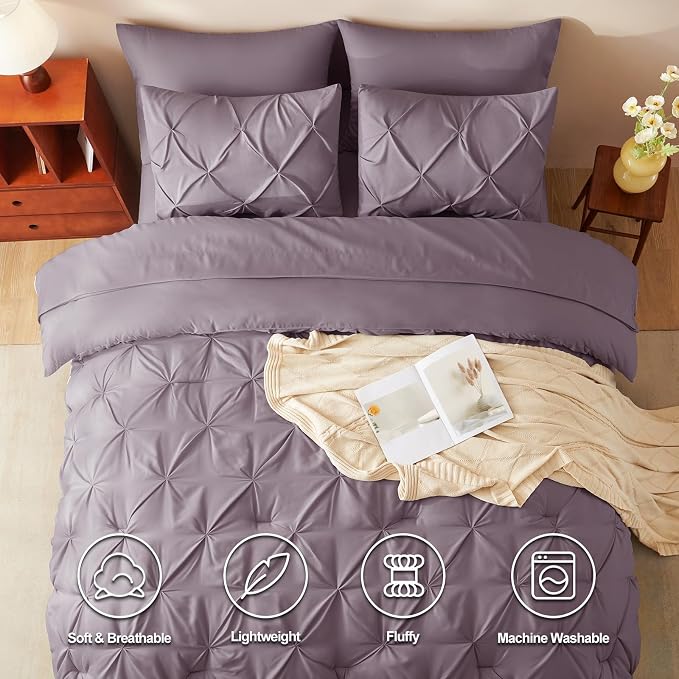 HIMEET Pintuck Bed in a Bag, 7 Pieces King Size Comforter Set Dusty Purple - Image 2