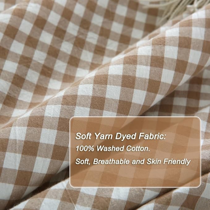 Silnuo Taupe/White Plaid Ruffle Duvet Cover Twin Size, 100% Washed Cotton 3 Pcs - Image 6
