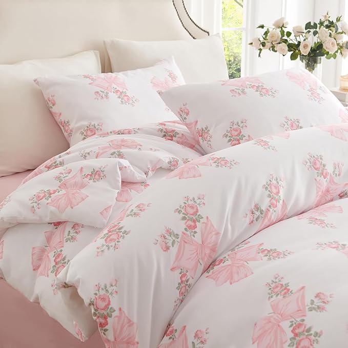 Nayoroom Pink Bow Duvet Cover Queen Size Coquette Pink Floral Duvet Cover 3 by Nayoroom