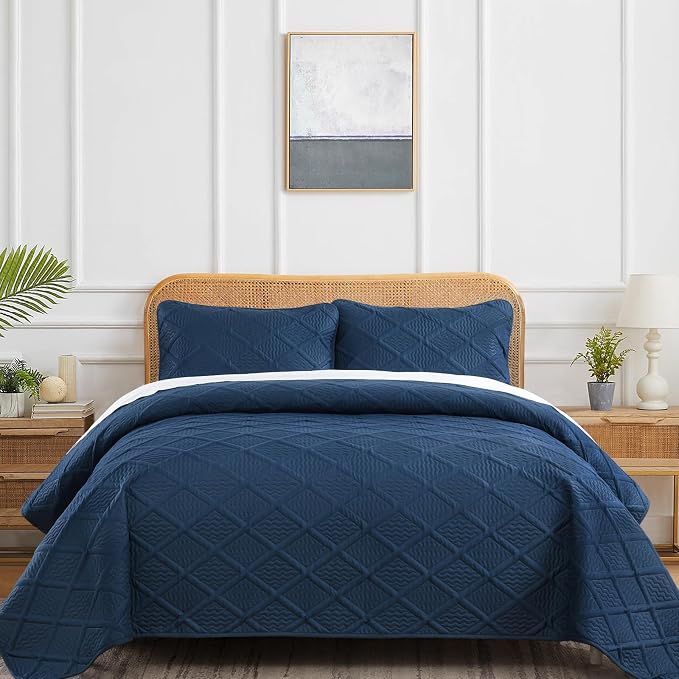 Yiran Navy Blue Quilt Set King Size Fall Bedspreads Embossed Diamond Pattern 3 - Image 2