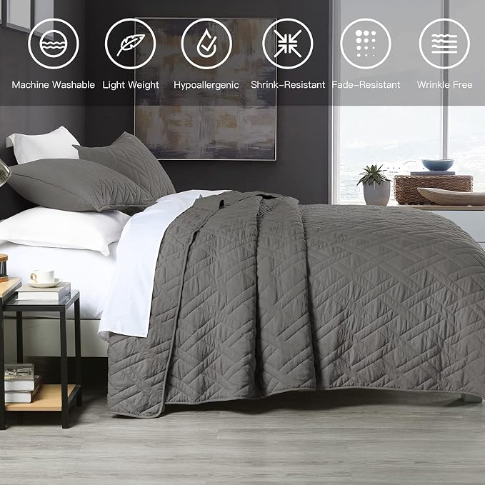 HORIMOTE HOME Quilt Set Queen Size Grey, Classic Geometric Diamond Stitched - Image 5
