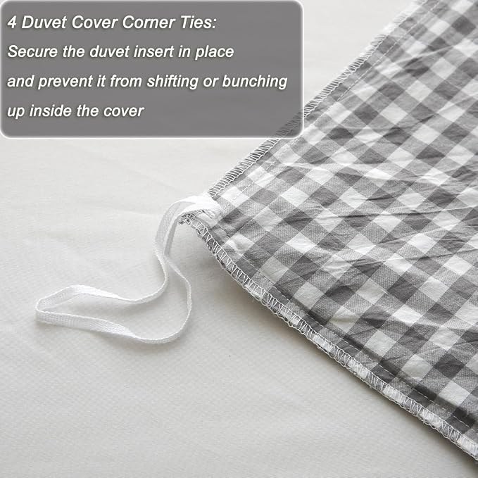 Silnuo Grey/White Checkered Ruffle 3-Piece Duvet Cover Set Queen Size, Washed - Image 7