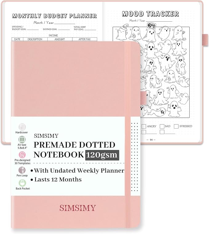 Premade Bullet Dotted Journal Notebook, Pre-made Dot Grid Journaling by SIMSIMY