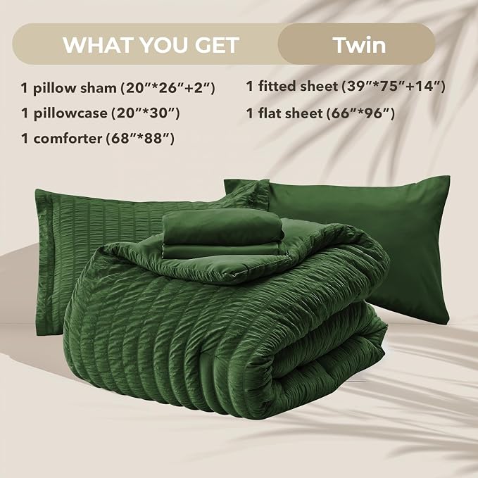 HYMOKEGE Dark Green Twin Comforter Set Seersucker 5 Pieces, All Season Luxury - Image 5