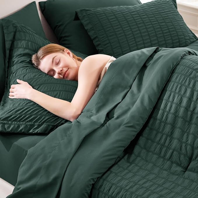 CozyLux Queen Comforter Set Forest Green Seersucker 7 Pieces Bed in a Bag Queen - Image 5