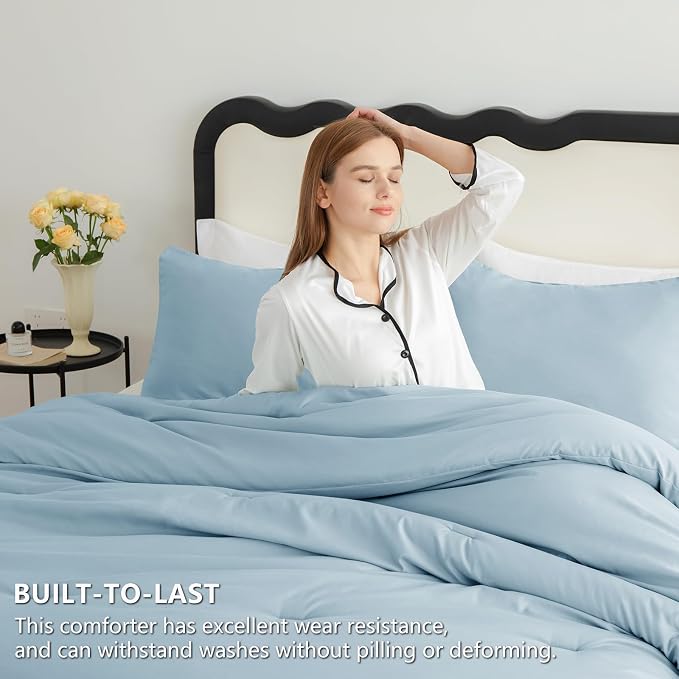 CozyLux King Size Comforter Set Light Blue, 3 Pieces Solid Comforters King Size - Image 3