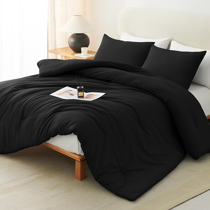 CozyLux Oversized Queen Comforter Set Black, 3 Pieces 98x98 Solid Breathable - Image 7