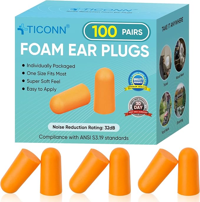 TICONN 100 Pairs Foam Ear Plugs, Individually Wrapped 32dB NRR Noise Reduction - Image 9