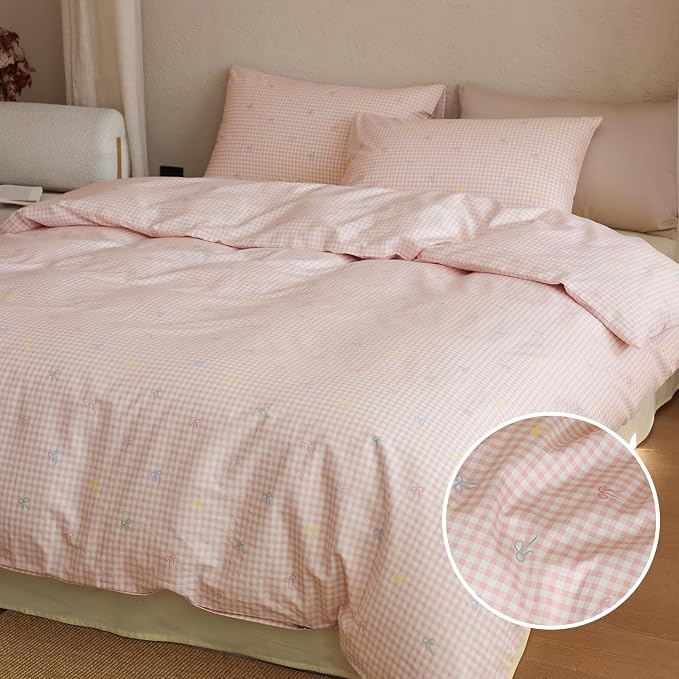 mixinni Gingham Duvet Cover Twin XL Size, 100% Cotton Light Pink and White - Image 3