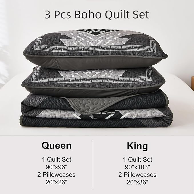 Dintszyayue Boho Quilt Set King Size 3 Pieces Black Grey Aztec Texture - Image 7