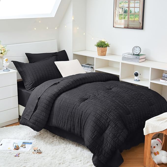 HYMOKEGE Black Twin XL Comforter Set Seersucker 5 Pieces, All Season Luxury Bed by HYMOKEGE
