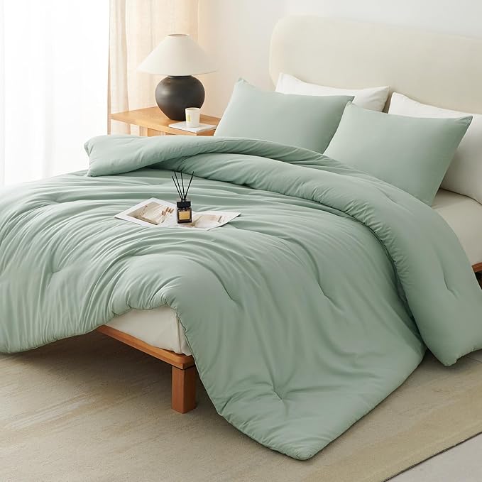 CozyLux King Size Comforter Set Sage Green, 3 Pieces Solid Comforters King Size by CozyLux