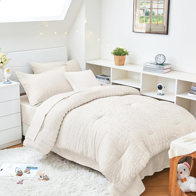 HYMOKEGE Ivory Twin XL Comforter Set Seersucker 5 Pieces, All Season Luxury Bed by HYMOKEGE