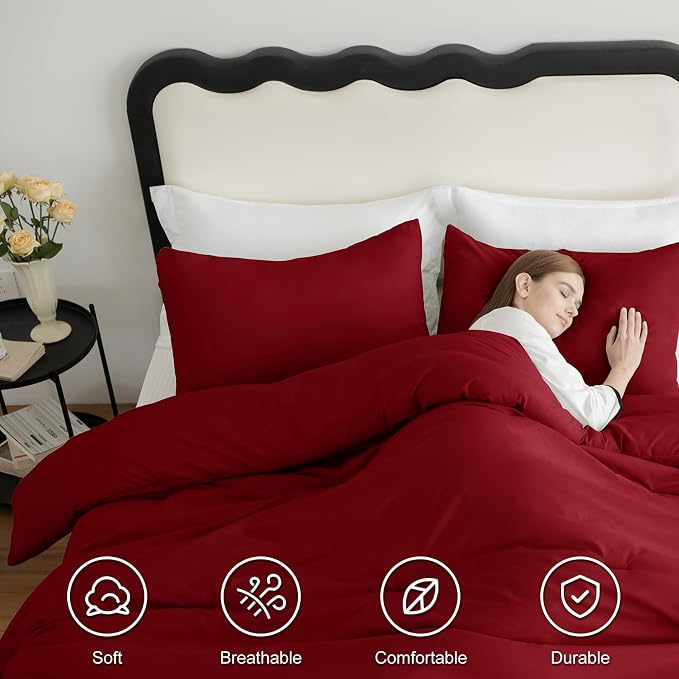 CozyLux California King Comforter Set Dark Red, 3 Pieces Cal King Solid - Image 5