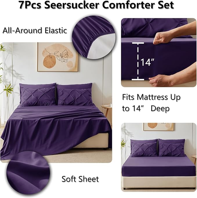 CozyLux King Size Comforter Set Purple, 7 Pieces Pintuck Bed in A Bag Purple - Image 6