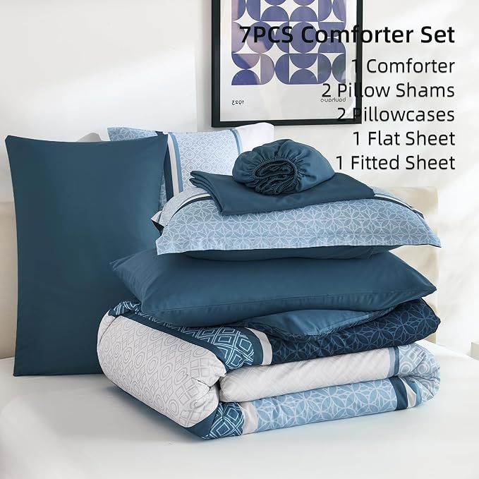 WONGS BEDDING Navy Blue Queen Comforter Set 7 Pieces, Boho Striped Bed in a Bag - Image 6