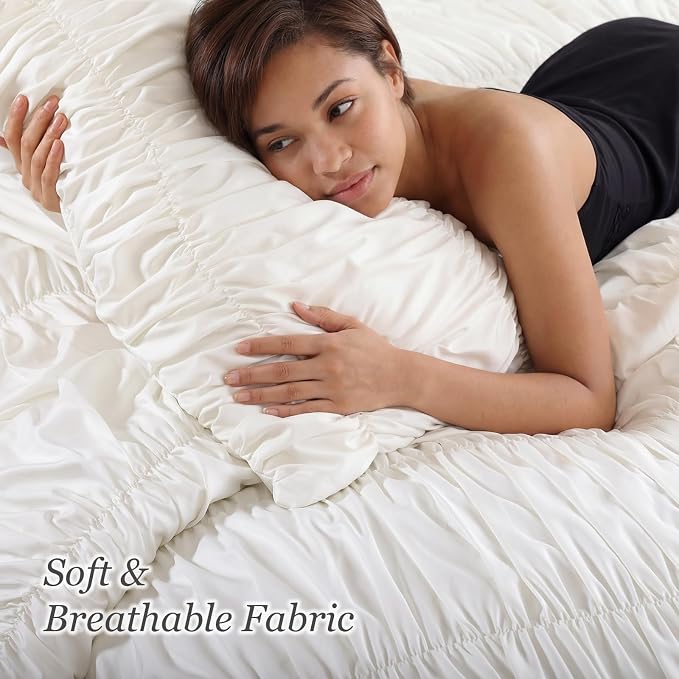 weigelia Cream Comforter Set Full – Textured Ruched Cream Ivory Full Comforter - Image 3