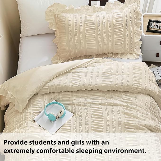 WONGS BEDDING Beige Comforter Set Full, 3 Pieces Ruffle Shabby Chic Comforter - Image 3