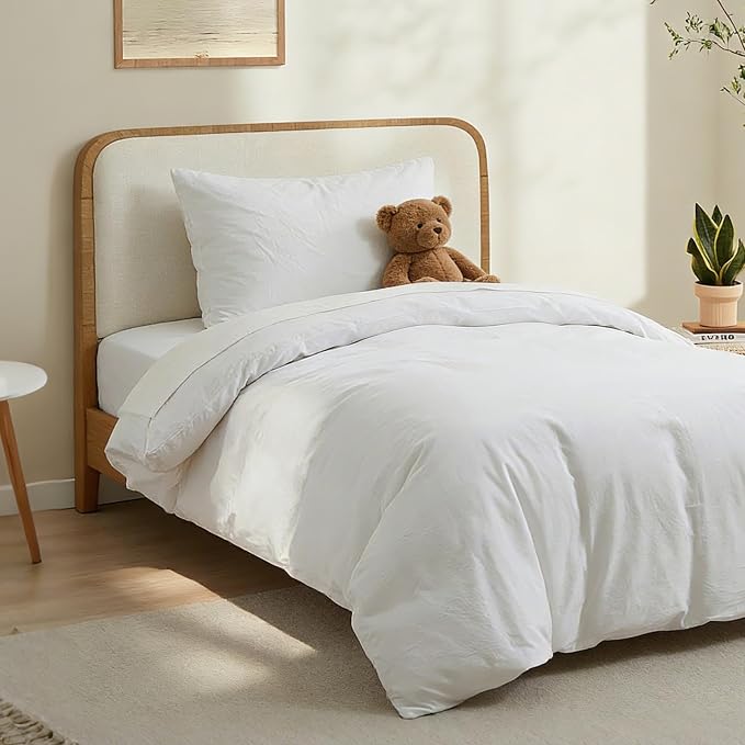 LOVQUE 100% Washed Cotton Duvet Cover Twin Size, Linen-Like Textured White - Image 2