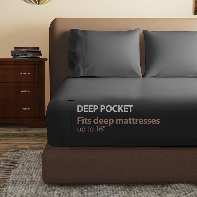 100% Egyptian Cotton Fitted Sheet Twin XL/Split King Size Black, 600 Thread - Image 5