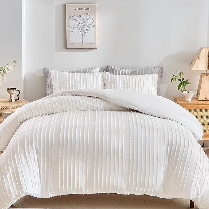 WARMDERN White Boho Duvet Cover Set King Size, Striped Textured Duvet Cover by WARMDERN
