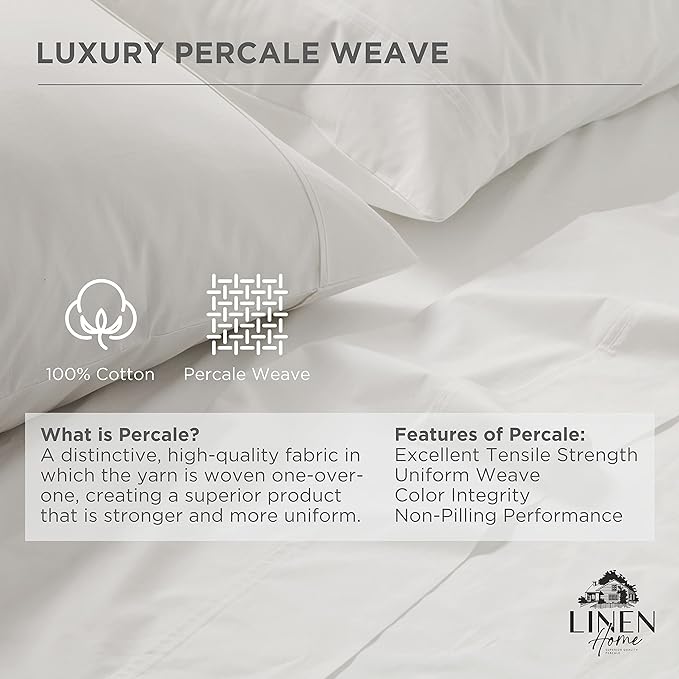 Linen Home 100% Cotton Percale Weave Fitted Sheet, King Size, 1 Deep Pocket - Image 2