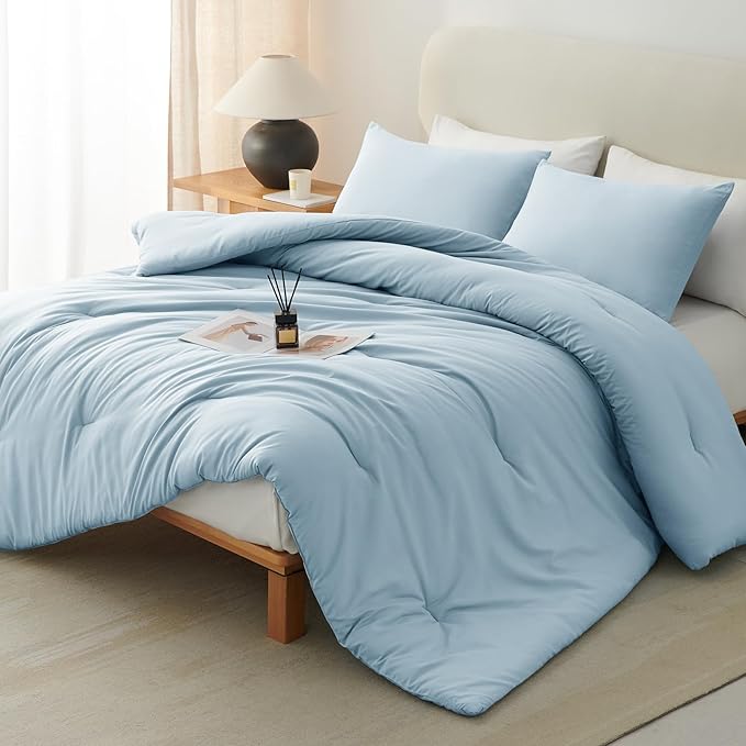 CozyLux King Size Comforter Set Light Blue, 3 Pieces Solid Comforters King Size by CozyLux
