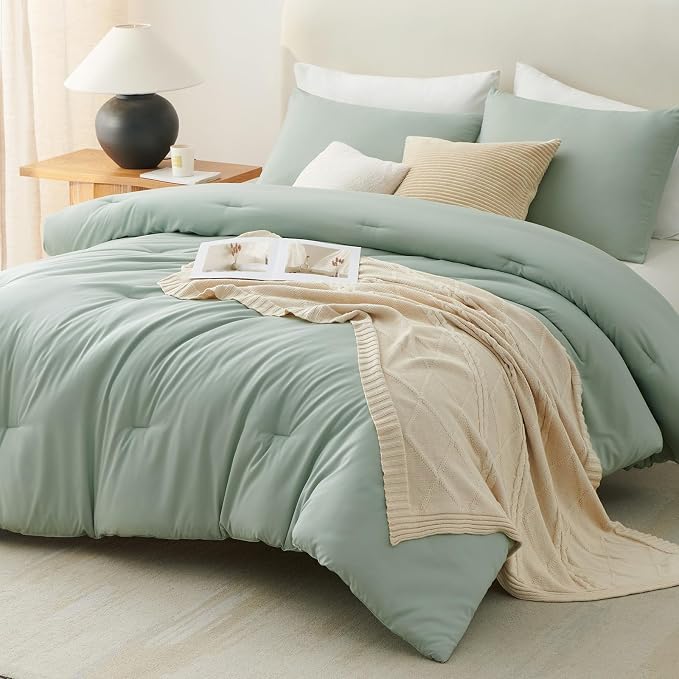 CozyLux King Size Comforter Set Sage Green, 3 Pieces Solid Comforters King Size - Image 9