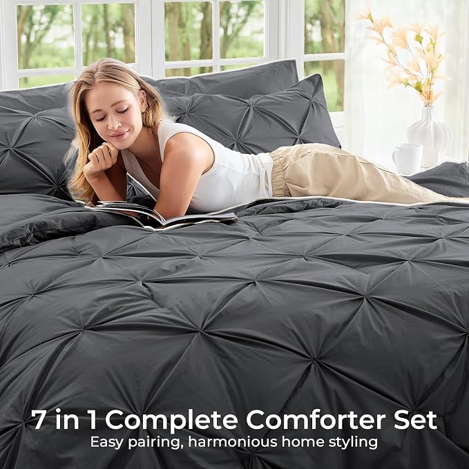 Sasttie Full Size Comforter Set, 7-Piece Bed in a Bag, Pintuck Bedding Sets - Image 6
