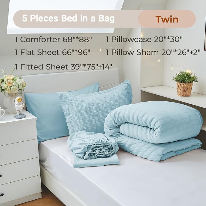 MUXHOMO 5 Pieces Twin Comforter Set, Seersucker Bed in a Bag Twin Size - Image 4