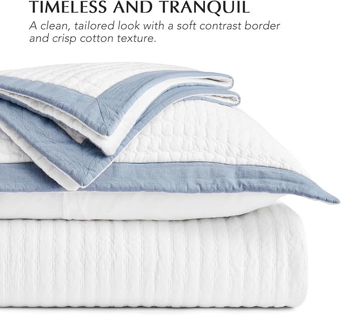 EVERGRACE Cotton Border Frame Tack-Stitch Quilt Bedding Set King Size, Coastal - Image 4