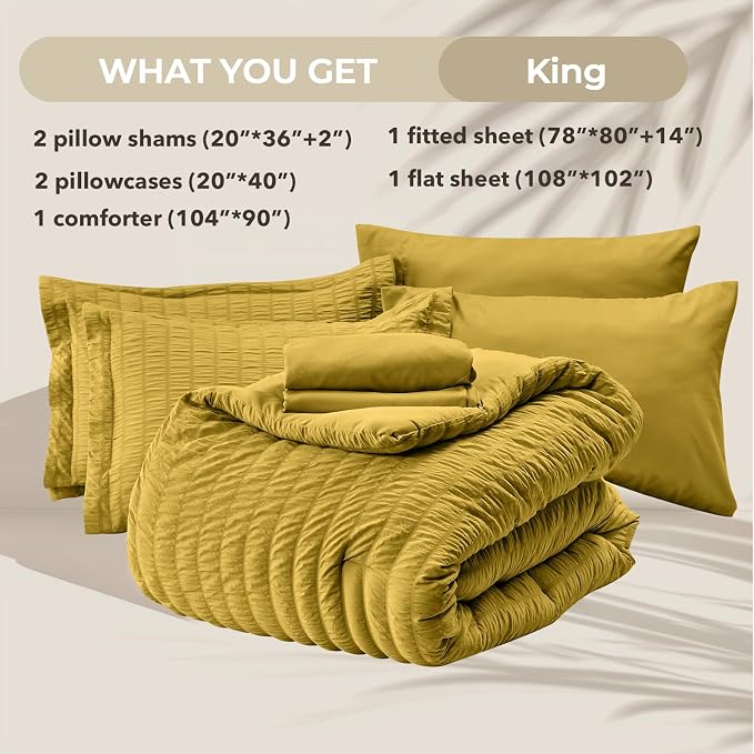 HYMOKEGE Mustard Yellow King Size Comforter Set Seersucker 7 Pieces, All Season - Image 6